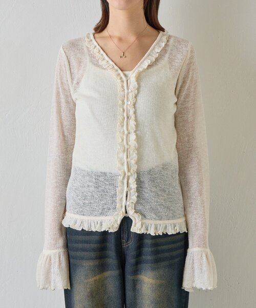 goocy（グーシー）の「シアーワッフルフリルカーディガン（カーディガン/ボレロ・レディース・ブラック/ホワイト/グレー・FREE）」の11枚目の写真