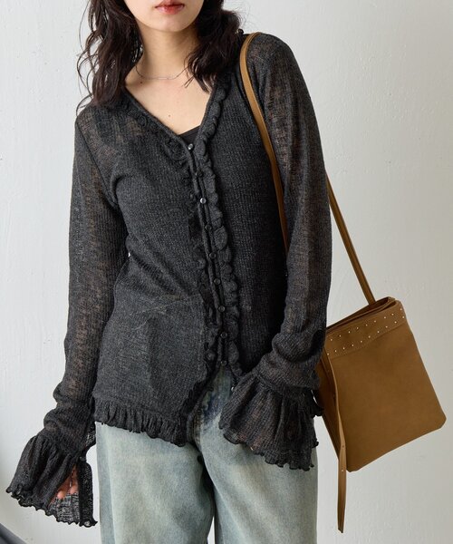 goocy（グーシー）の「シアーワッフルフリルカーディガン（カーディガン/ボレロ・レディース・ブラック/ホワイト/グレー・FREE）」の21枚目の写真