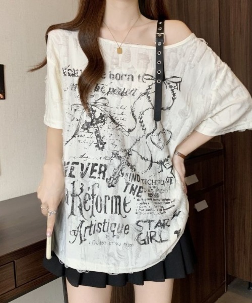 lilful（リルフル）の「【26年春夏新作】オーバーサイズ ダメージプリントワンショルシアー半袖トップス（Tシャツ/カットソー・レディース・アイボリー/ダークグレー・L/M）」の17枚目の写真