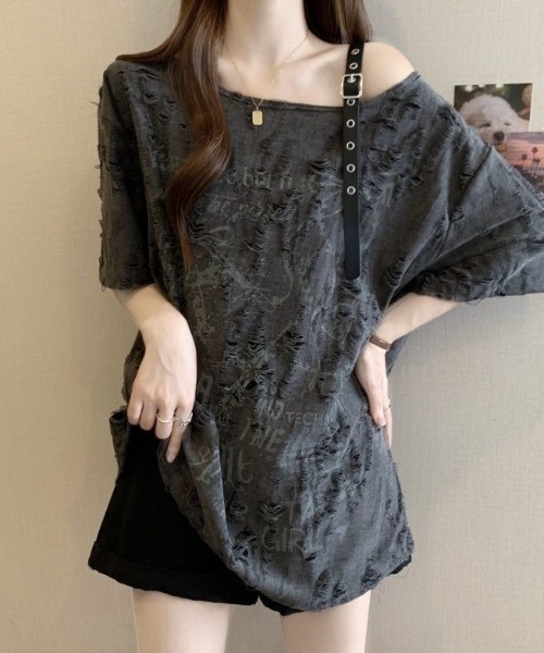 lilful（リルフル）の「【26年春夏新作】オーバーサイズ ダメージプリントワンショルシアー半袖トップス（Tシャツ/カットソー・レディース・アイボリー/ダークグレー・L/M）」の20枚目の写真