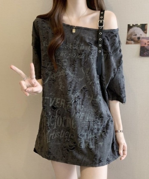 lilful（リルフル）の「【26年春夏新作】オーバーサイズ ダメージプリントワンショルシアー半袖トップス（Tシャツ/カットソー・レディース・アイボリー/ダークグレー・L/M）」の21枚目の写真