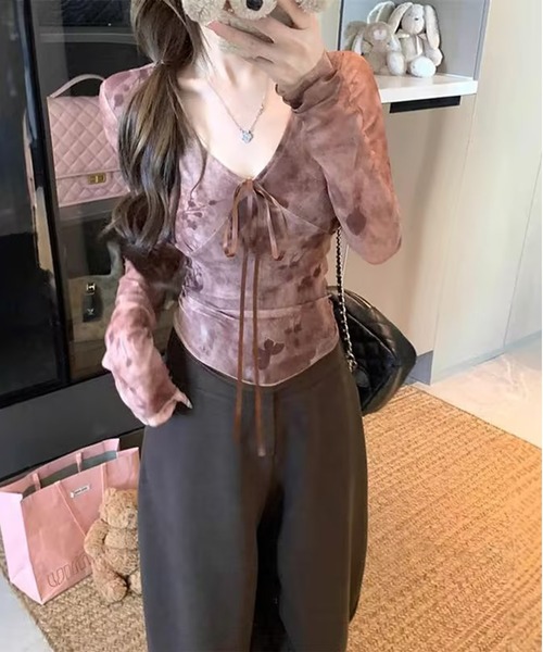 AsheKsha(アシクシャ)の「廃土風絞り染めネットレースリボン付き長袖トップス(Tシャツ/カットソー・レディース・ブラウン・F)」の3枚目の写真