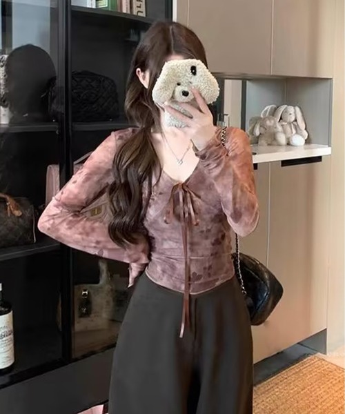AsheKsha(アシクシャ)の「廃土風絞り染めネットレースリボン付き長袖トップス(Tシャツ/カットソー・レディース・ブラウン・F)」の5枚目の写真