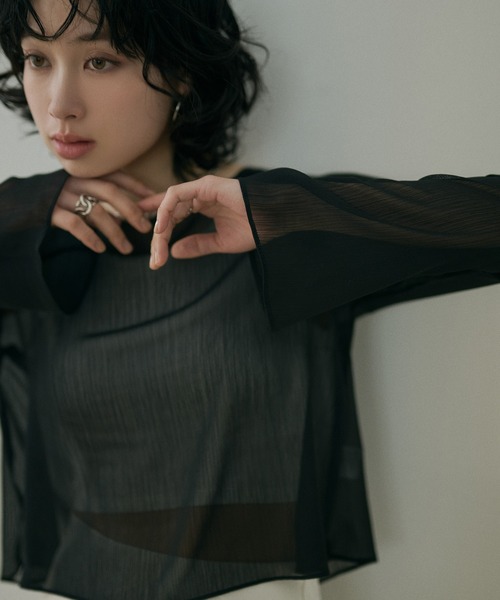 LAULEN(ローレン)の「boat neck sheer short tops /ボートネックシアーロングスリーブクロップドトップス(Tシャツ/カットソー・レディース・ピンク/ライトグリーン/ブラック・FREE)」の10枚目の写真