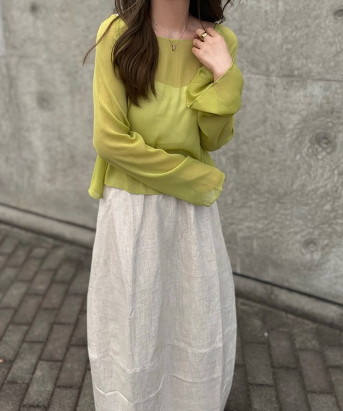 LAULEN(ローレン)の「boat neck sheer short tops /ボートネックシアーロングスリーブクロップドトップス(Tシャツ/カットソー・レディース・ピンク/ライトグリーン/ブラック・FREE)」の21枚目の写真