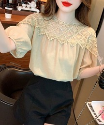 【グリーン】パフスリーブブラウス ストレッチブロード パフスリーブブラウス （シャツ・ブラウス