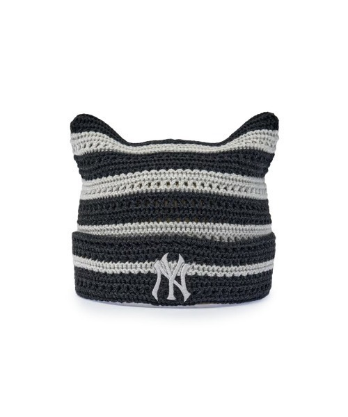 MLB(メジャーリーグベースボール)の「【日本未発売/WEB限定】MLB KOREA(エムエルビーコリア)/ストライプ サマー 猫耳 ねこ耳ビーニー 耳付き クロシェ編み ロゴパッチ ワッペン ビーニー ニット帽/Summer Stripe Miyaon Beanie(ニットキャップ/ビーニー・レディース・ネイビー/ブラック・FREE)」の1枚目の写真