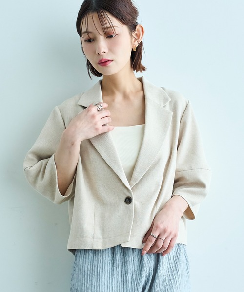 mil(ミル)の「【遮熱 UVカット イージーケア】 リネンライク ランタンスリーブ クロップドジャケット 【セットアップ対応】【587191】(テーラードジャケット・レディース・ブラウン/アイボリー/ブラック・XS/S)」の4枚目の写真