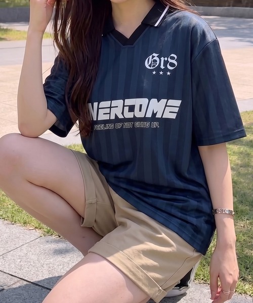 NYLAUS(ナイラス)の「【NYS】デザインゲームTシャツ サッカーTシャツ ユニフォームデザイン 襟付き カモフラ ヒョウ ストライプ チェック(Tシャツ/カットソー・レディース・チェック/カモフラージュ/レオパード/ピンク系その他/ホワイト/ブルー系その他/ダークブルー/ネイビー/チャコール/ブラック系その他/オフホワイト/ブラック/グリーン・L/M)」の8枚目の写真