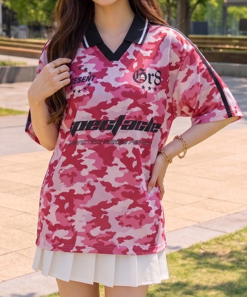 NYLAUS(ナイラス)の「【NYS】デザインゲームTシャツ サッカーTシャツ ユニフォームデザイン 襟付き カモフラ ヒョウ ストライプ チェック(Tシャツ/カットソー・レディース・チェック/カモフラージュ/レオパード/ピンク系その他/ホワイト/ブルー系その他/ダークブルー/ネイビー/チャコール/ブラック系その他/オフホワイト/ブラック/グリーン・L/M)」の11枚目の写真