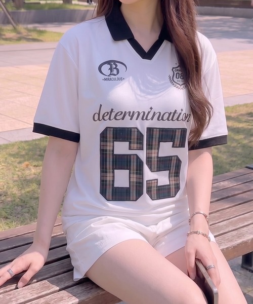 NYLAUS(ナイラス)の「【NYS】デザインゲームTシャツ サッカーTシャツ ユニフォームデザイン 襟付き カモフラ ヒョウ ストライプ チェック(Tシャツ/カットソー・レディース・チェック/カモフラージュ/レオパード/ピンク系その他/ホワイト/ブルー系その他/ダークブルー/ネイビー/チャコール/ブラック系その他/オフホワイト/ブラック/グリーン・L/M)」の2枚目の写真