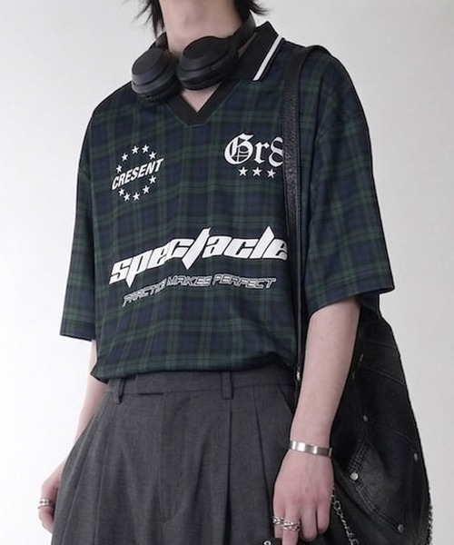 NYLAUS(ナイラス)の「【NYS】デザインゲームTシャツ サッカーTシャツ ユニフォームデザイン 襟付き カモフラ ヒョウ ストライプ チェック(Tシャツ/カットソー・レディース・チェック/カモフラージュ/レオパード/ピンク系その他/ホワイト/ブルー系その他/ダークブルー/ネイビー/チャコール/ブラック系その他/オフホワイト/ブラック/グリーン・L/M)」の13枚目の写真