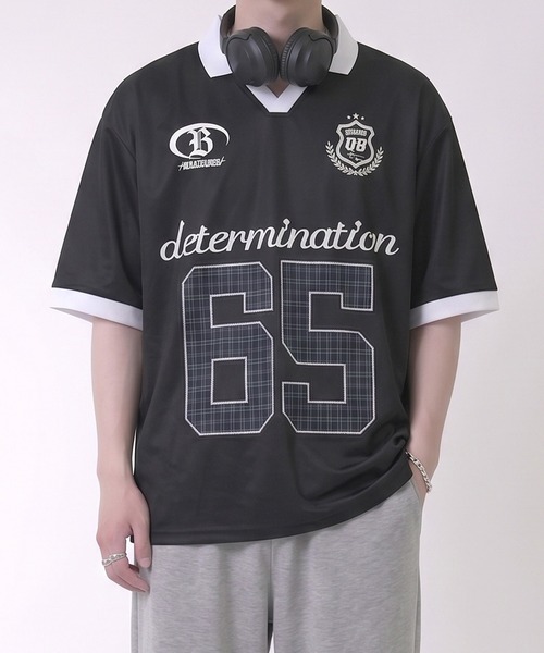 NYLAUS(ナイラス)の「【NYS】デザインゲームTシャツ サッカーTシャツ ユニフォームデザイン 襟付き カモフラ ヒョウ ストライプ チェック(Tシャツ/カットソー・レディース・チェック/カモフラージュ/レオパード/ピンク系その他/ホワイト/ブルー系その他/ダークブルー/ネイビー/チャコール/ブラック系その他/オフホワイト/ブラック/グリーン・L/M)」の4枚目の写真