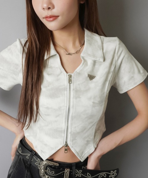 SPINNS(スピンズ)の「半袖ジップカットソー/ムラ染め風(Tシャツ/カットソー・レディース・ブラック/ホワイト/ベージュ・ONESIZE)」の20枚目の写真