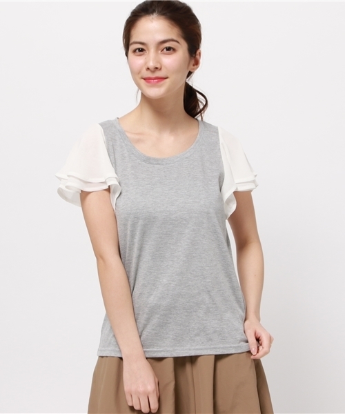 OUTLET（アウトレット）の「【Discoat】袖シフォンフリルT（Tシャツ/カットソー・レディース・ブラック/カーキ/杢グレー・MEDIUM/LARGE）」の2枚目の写真