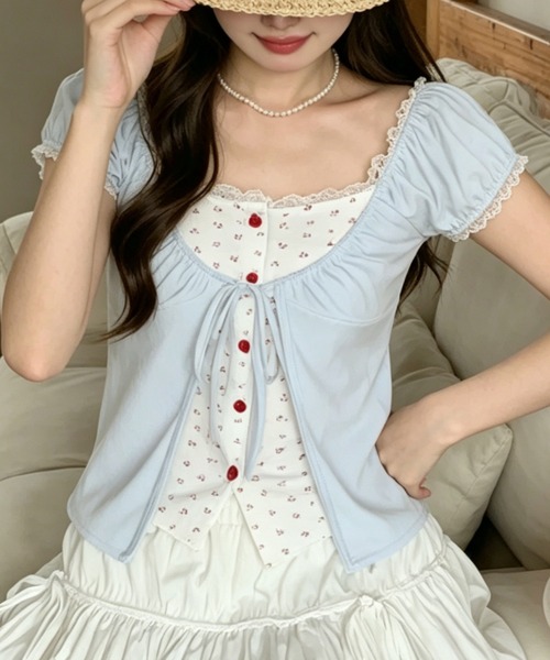 GEMEDA(ジェメダ)の「【ドッキング風】小花柄×ギャザーフリル&バレエコア半袖トップス / 韓国ガーリーブラウス(シャツ/ブラウス・レディース・グレー/ホワイト/ブルー・M)」の14枚目の写真
