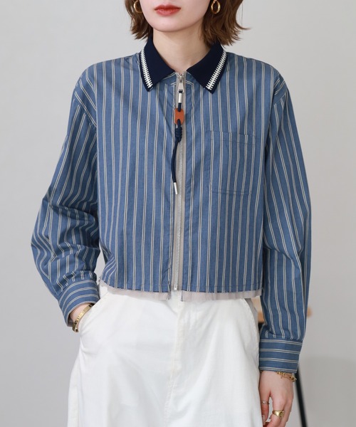 crossi（クロッシー）の「ニット衿配色ストライプジップショートシャツ（ブルゾン・レディース・ブルー・40）」の11枚目の写真