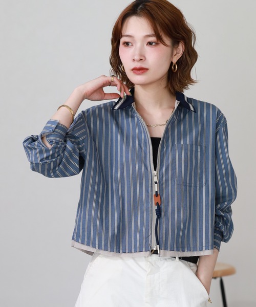 crossi（クロッシー）の「ニット衿配色ストライプジップショートシャツ（ブルゾン・レディース・ブルー・40）」の15枚目の写真