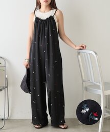 CIAOPANIC TYPY | 【2サイズ展開】花柄刺繍リボンサテンサロペット(サロペット/オーバーオール)