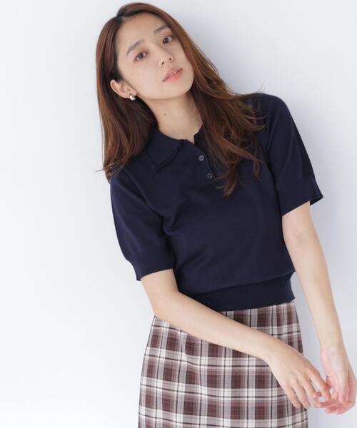 NATURAL BEAUTY BASIC（ナチュラルビューティーベーシック）の「レーストリム半袖ニット（ニット/セーター・レディース・ネイビー/レッド/オフホワイト・ﾌﾘ-）」の3枚目の写真