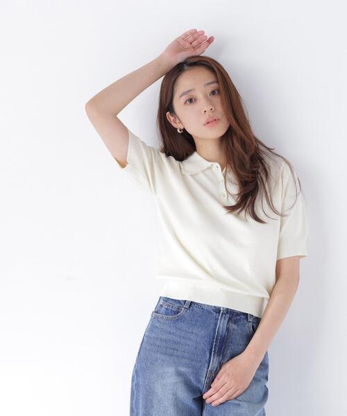 NATURAL BEAUTY BASIC（ナチュラルビューティーベーシック）の「レーストリム半袖ニット（ニット/セーター・レディース・ネイビー/レッド/オフホワイト・ﾌﾘ-）」の2枚目の写真