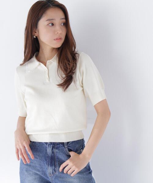 NATURAL BEAUTY BASIC（ナチュラルビューティーベーシック）の「レーストリム半袖ニット（ニット/セーター・レディース・ネイビー/レッド/オフホワイト・ﾌﾘ-）」の6枚目の写真