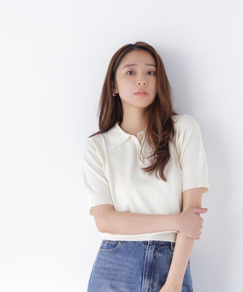 NATURAL BEAUTY BASIC（ナチュラルビューティーベーシック）の「レーストリム半袖ニット（ニット/セーター・レディース・ネイビー/レッド/オフホワイト・ﾌﾘ-）」の8枚目の写真