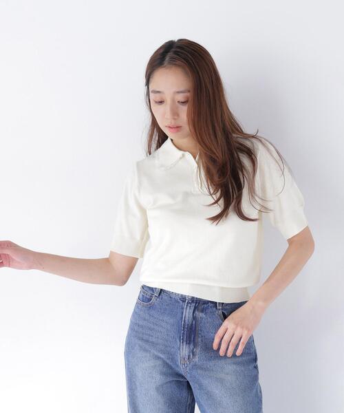 NATURAL BEAUTY BASIC（ナチュラルビューティーベーシック）の「レーストリム半袖ニット（ニット/セーター・レディース・ネイビー/レッド/オフホワイト・ﾌﾘ-）」の10枚目の写真