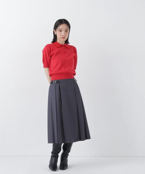 NATURAL BEAUTY BASIC（ナチュラルビューティーベーシック）の「レーストリム半袖ニット（ニット/セーター・レディース・ネイビー/レッド/オフホワイト・ﾌﾘ-）」の14枚目の写真