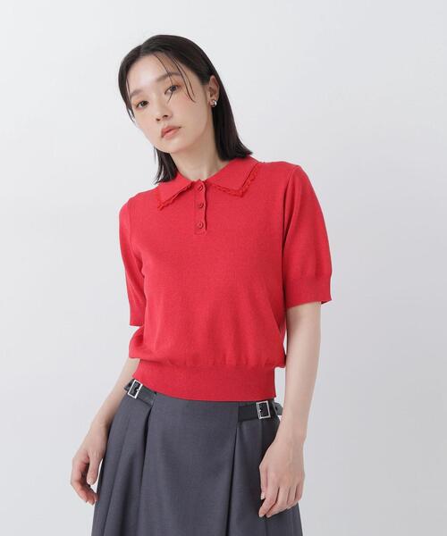 NATURAL BEAUTY BASIC（ナチュラルビューティーベーシック）の「レーストリム半袖ニット（ニット/セーター・レディース・ネイビー/レッド/オフホワイト・ﾌﾘ-）」の15枚目の写真