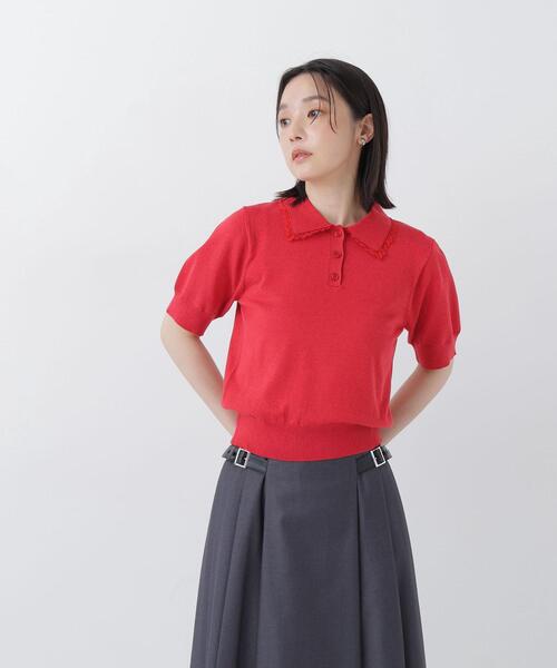 NATURAL BEAUTY BASIC（ナチュラルビューティーベーシック）の「レーストリム半袖ニット（ニット/セーター・レディース・ネイビー/レッド/オフホワイト・ﾌﾘ-）」の17枚目の写真