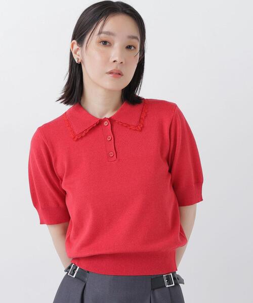 NATURAL BEAUTY BASIC（ナチュラルビューティーベーシック）の「レーストリム半袖ニット（ニット/セーター・レディース・ネイビー/レッド/オフホワイト・ﾌﾘ-）」の19枚目の写真