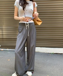 ダブルウエストストライプワイドパンツ