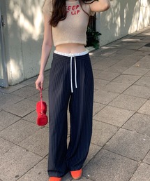 ダブルウエストストライプワイドパンツ