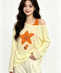 星プリント シアーオフショル長袖Tシャツ キャミソール2点セット
