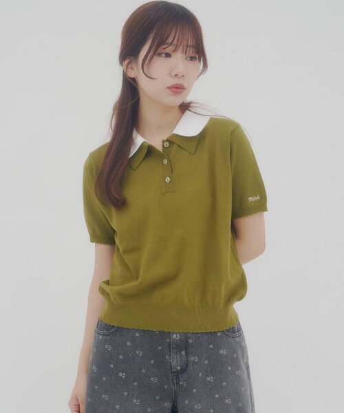 DISCOAT(ディスコート)の「【umm.】ダブルカラー半袖ニット(ニット/セーター・レディース・グレー/ネイビー/グリーン・FREE)」の2枚目の写真