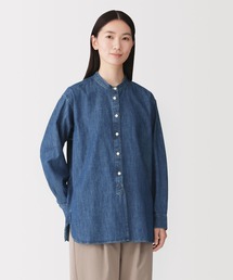 婦人 洗いざらし デニム スタンドカラー長袖ロングシャツ