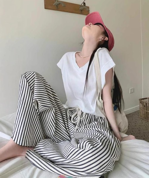 DRESS PLUS（ドレスプラス）の「【ウエストゴム／ドロスト仕様】ストライプ柄イージーワイドパンツ レディース ロング丈（その他パンツ・レディース・ブラック/ブラウン・L）」の5枚目の写真