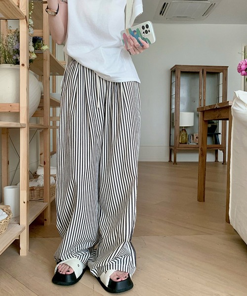 DRESS PLUS（ドレスプラス）の「【ウエストゴム／ドロスト仕様】ストライプ柄イージーワイドパンツ レディース ロング丈（その他パンツ・レディース・ブラック/ブラウン・L）」の8枚目の写真