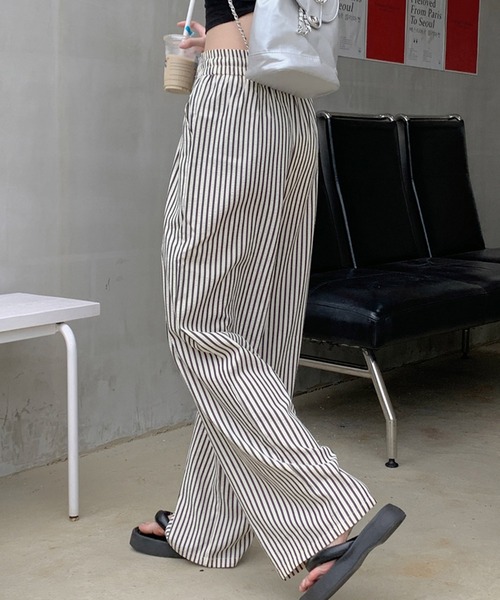 DRESS PLUS（ドレスプラス）の「【ウエストゴム／ドロスト仕様】ストライプ柄イージーワイドパンツ レディース ロング丈（その他パンツ・レディース・ブラック/ブラウン・L）」の12枚目の写真