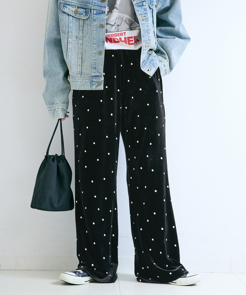 B.C STOCK(ベーセーストック)の「手洗い可 / ベロアドット刺繍パンツ(その他パンツ・レディース・ブラック・FREE)」の1枚目の写真