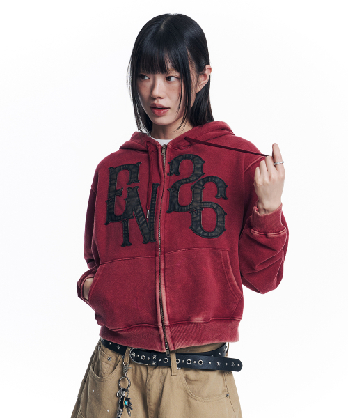 EASY NO EASY(イージーノーイージー)の「ウォッシュドレザーパッチフードジップアップ - ワイン(パーカー・レディース・その他・1/2)」の2枚目の写真