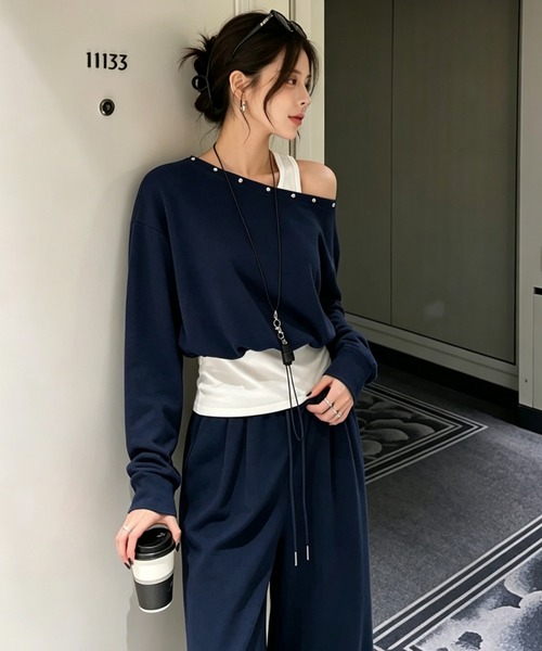 Aelina（エリナ）の「オフショルダースタッズフェイクレイヤードトップス&パンツセットアップ（セットアップ・レディース・グレー/ネイビー・FREE）」の21枚目の写真
