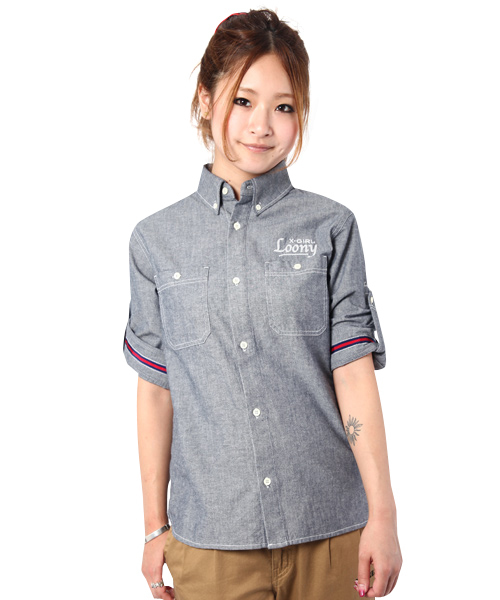 X-girl(エックスガール)の「DUNGAREE H/S SHIRTS(シャツ/ブラウス・レディース・ブルー/ネイビー・1/2)」の1枚目の写真