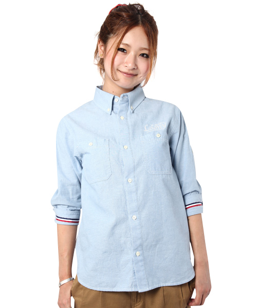 X-girl(エックスガール)の「DUNGAREE H/S SHIRTS(シャツ/ブラウス・レディース・ブルー/ネイビー・1/2)」の2枚目の写真