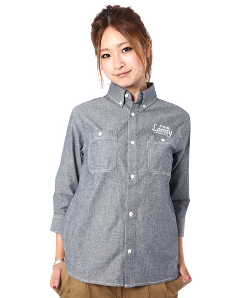 X-girl(エックスガール)の「DUNGAREE H/S SHIRTS(シャツ/ブラウス・レディース・ブルー/ネイビー・1/2)」の3枚目の写真