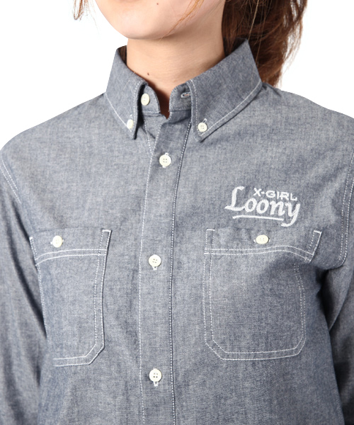X-girl(エックスガール)の「DUNGAREE H/S SHIRTS(シャツ/ブラウス・レディース・ブルー/ネイビー・1/2)」の6枚目の写真