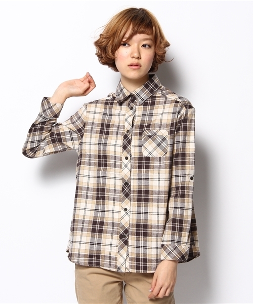 DISCOAT(ディスコート)の「チェック2WAYカシュクールシャツ(シャツ/ブラウス・レディース・レッド/ブラウン/オレンジ・フリ-)」の2枚目の写真