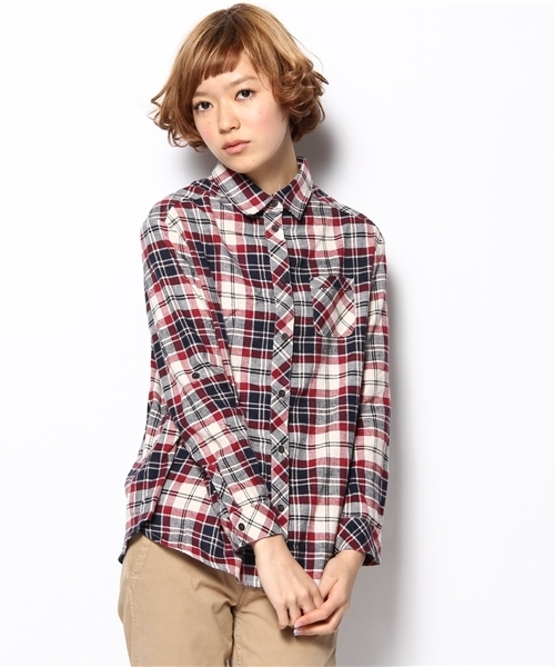 DISCOAT(ディスコート)の「チェック2WAYカシュクールシャツ(シャツ/ブラウス・レディース・レッド/ブラウン/オレンジ・フリ-)」の1枚目の写真