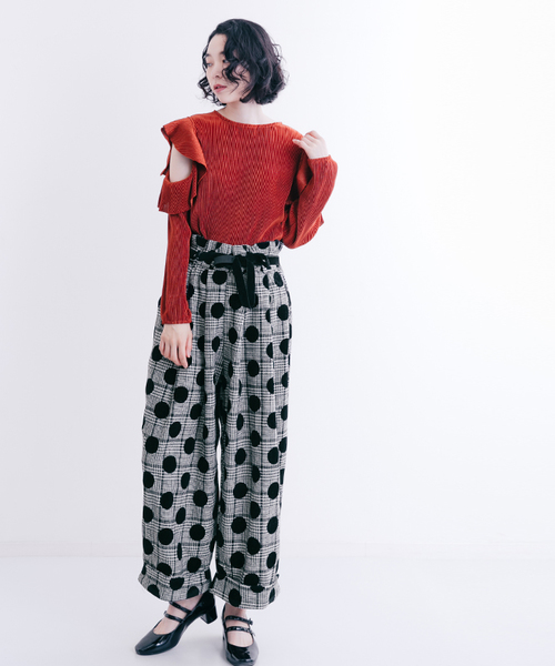 merlot plus（メルロープリュス）の「フロッキー大ドット×千鳥チェックワイドパンツ2365（その他パンツ・レディース・ブラック/モカ・FREE）」の5枚目の写真